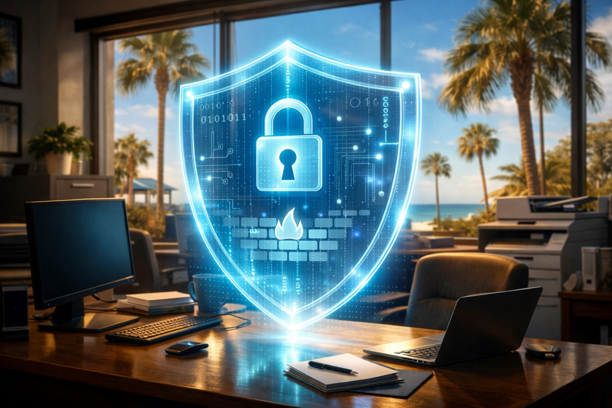 Cybersecurity shield protecting a Fort Myers Florida business office with palm trees visible through windows