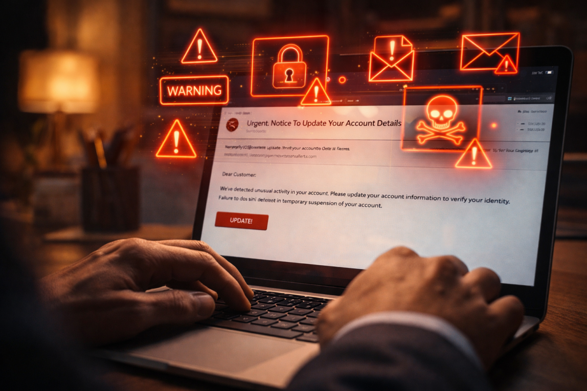 AI-generated phishing email on a laptop screen targeting a Fort Myers business