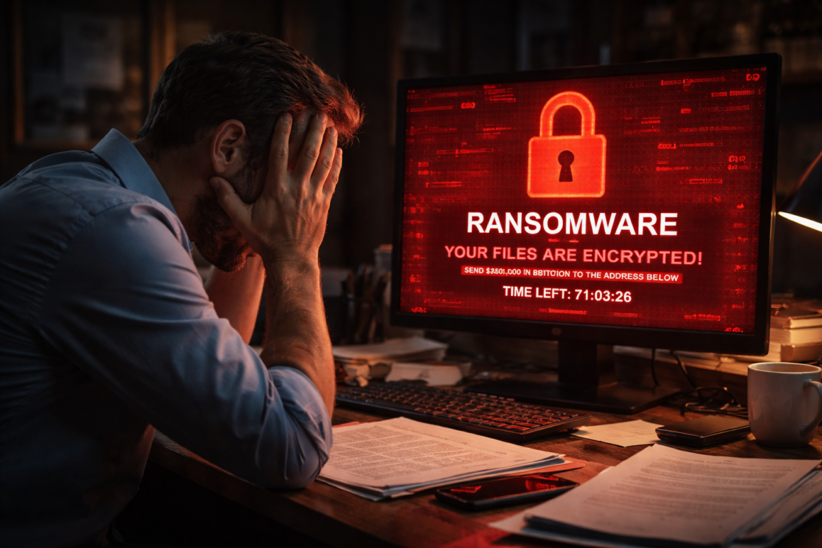 Stressed small business owner facing a ransomware attack with encrypted files on computer screen