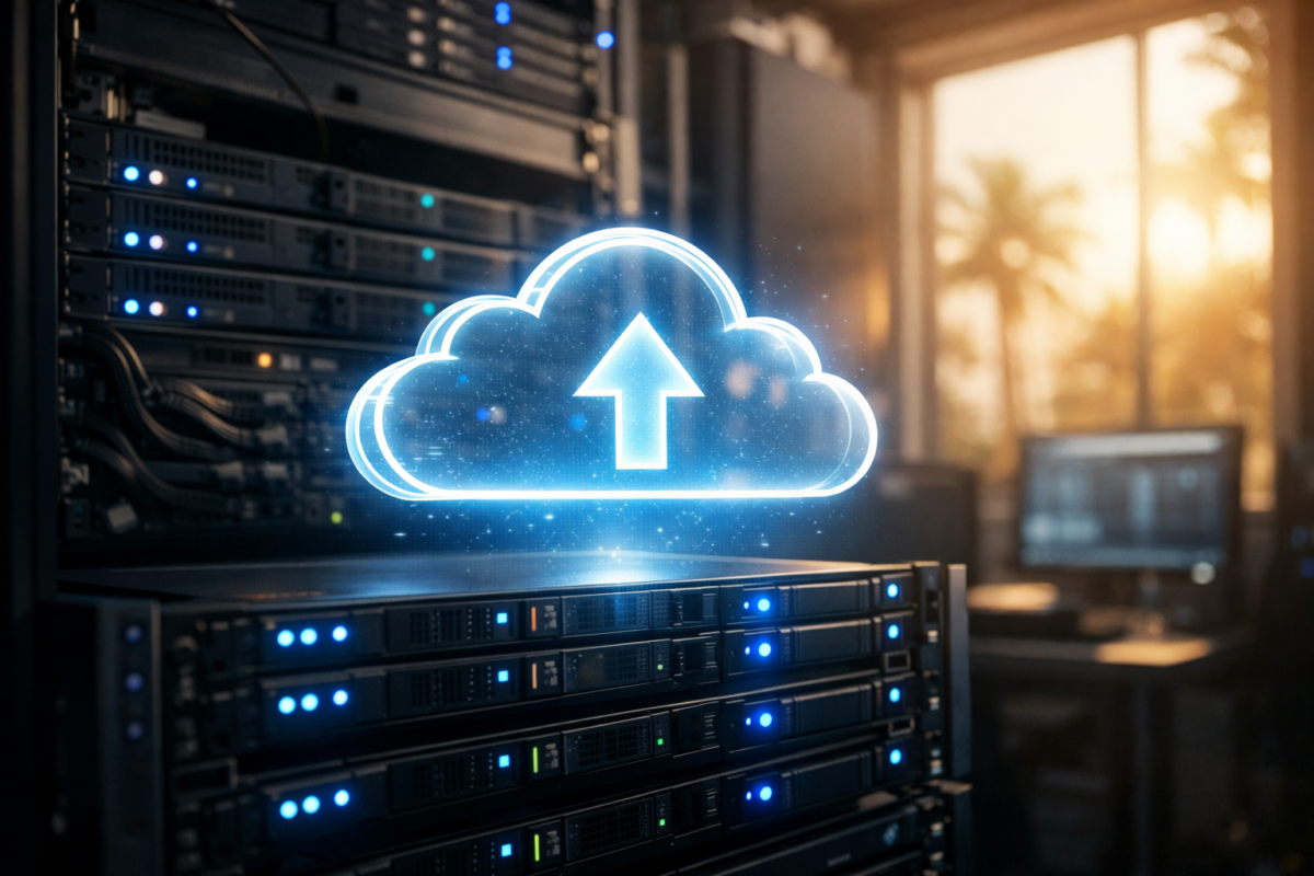 Server room with holographic cloud backup icon in Fort Myers business