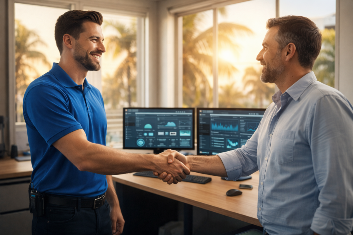 IT professional and small business owner shaking hands in Fort Myers office
