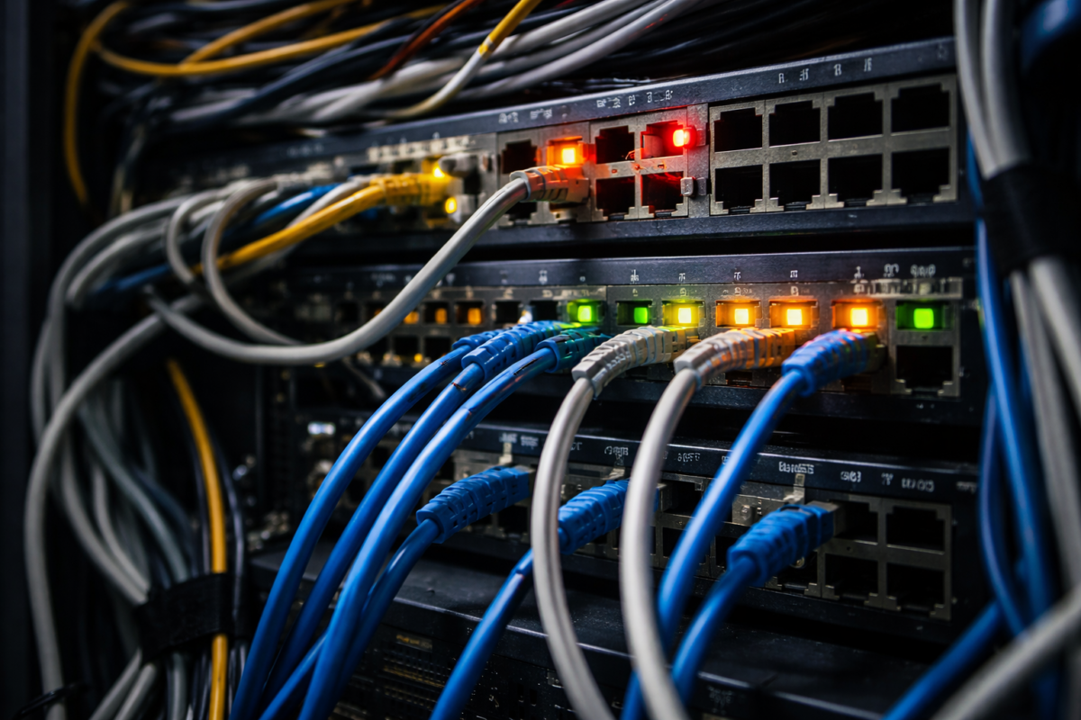 Network switch and ethernet cables showing upgrade indicators