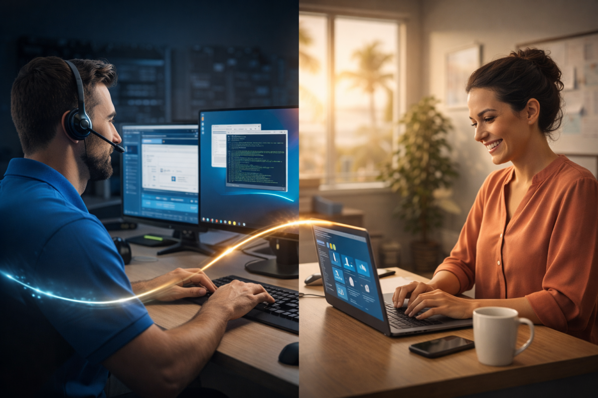 IT technician providing remote support to happy business employee