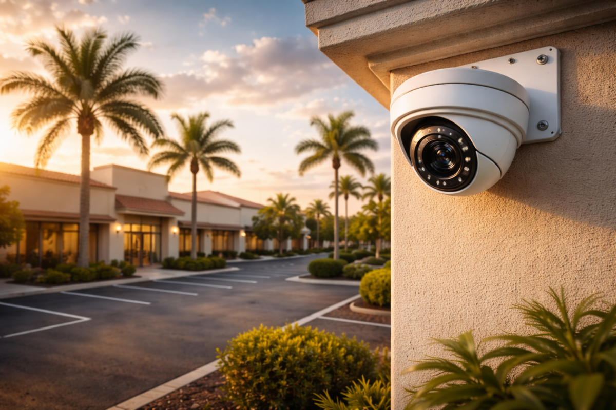 Modern security camera mounted on Florida commercial building with palm trees