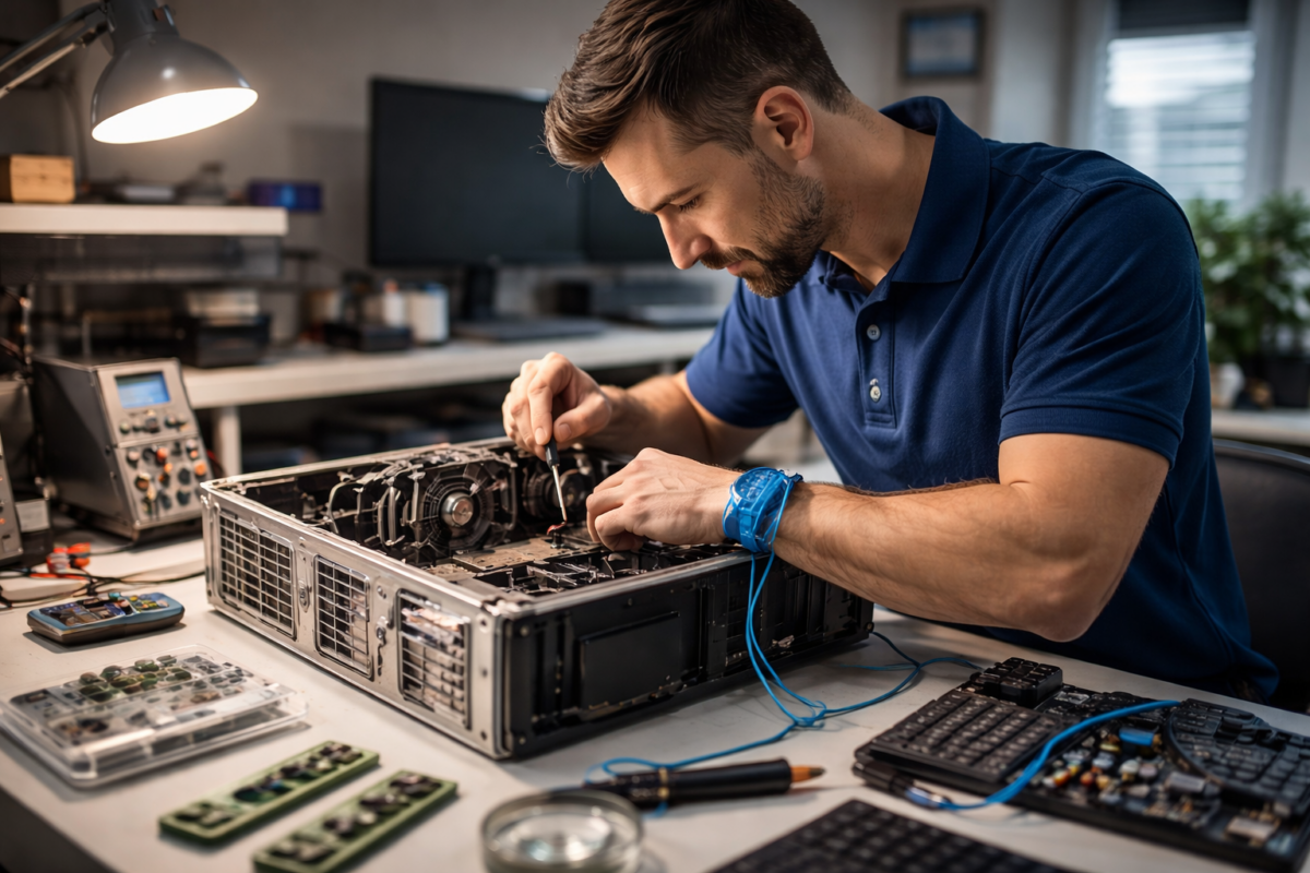 IT technician repairing desktop computer at professional workbench