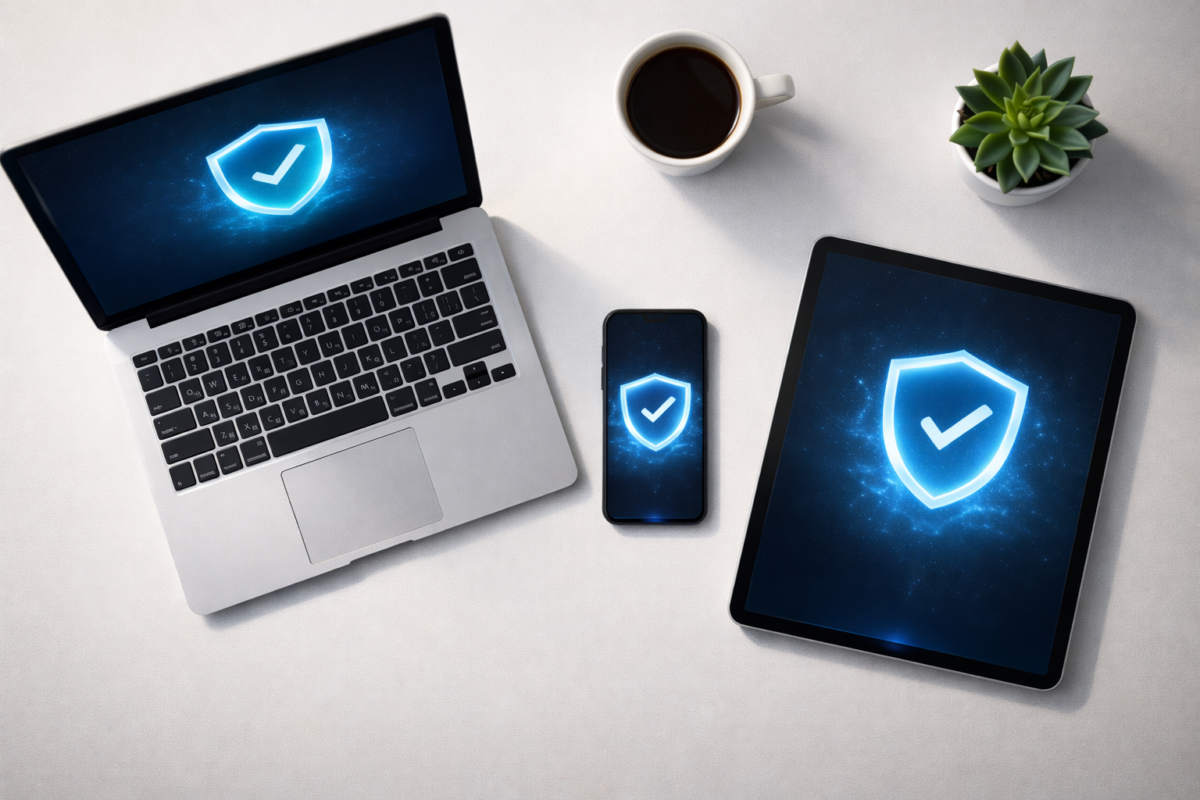Laptop smartphone and tablet with glowing blue shield cybersecurity icons