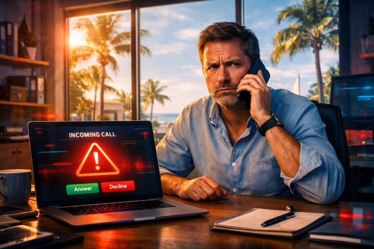 Smartphone with AI voice cloning waveform on incoming call screen