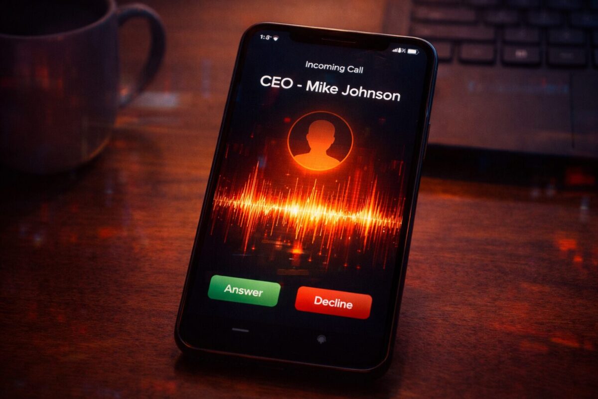 Fort Myers business owner on phone with AI voice cloning warning on laptop screen