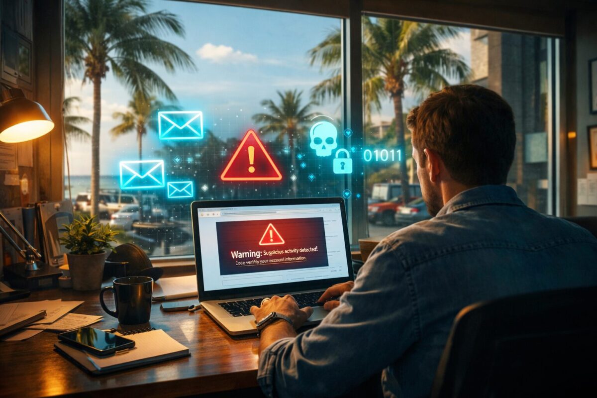 Employee in Florida office receiving phishing email warning on laptop with cybersecurity threat indicators