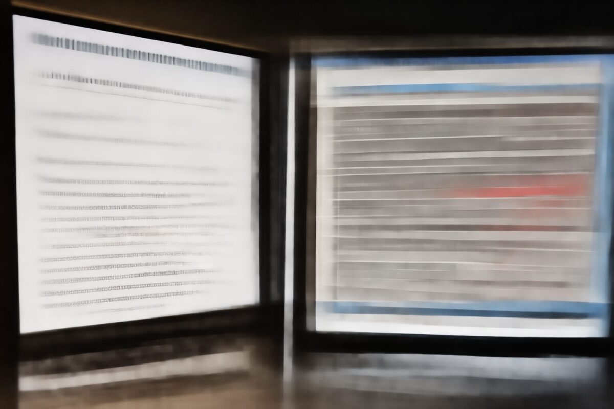 Dual monitors showing suspicious BEC email and cybersecurity dashboard in office