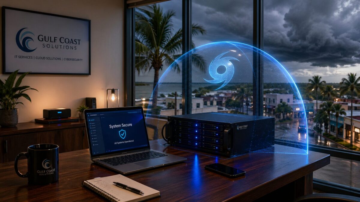 Fort Myers small business office with hurricane storm clouds and protective digital shield over server rack