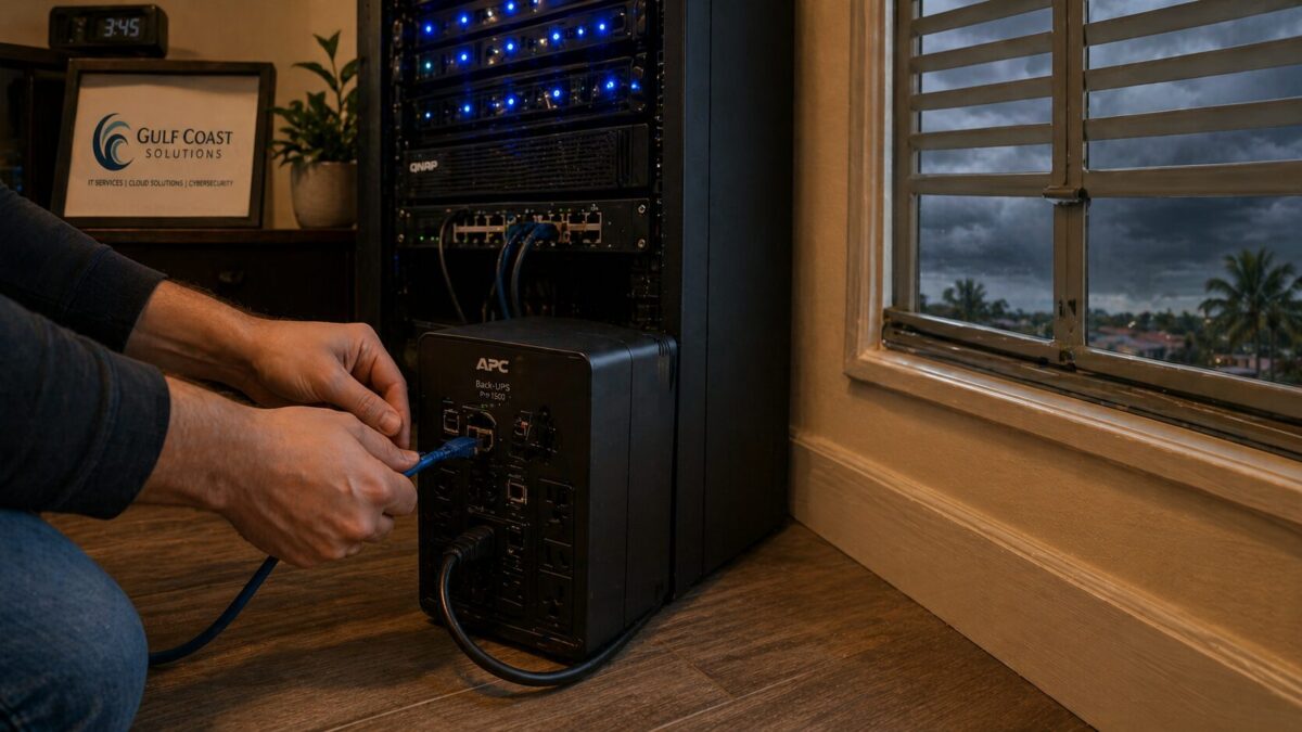 Hands plugging Ethernet cable into UPS battery backup at Fort Myers small business server rack with hurricane shutters
