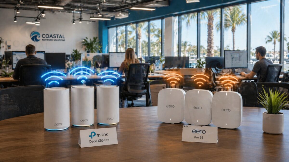 TP-Link Deco and Eero Pro mesh WiFi systems side by side on a conference table in a Fort Myers business office