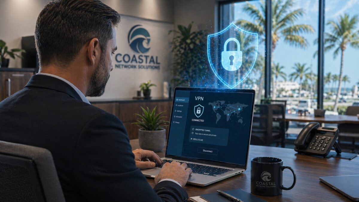 Business professional using NordVPN on laptop with encrypted connection shield in a Fort Myers Florida office