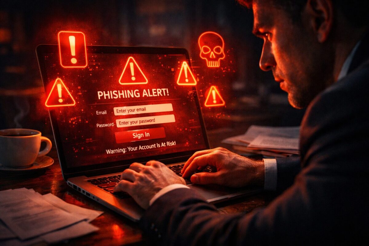 Laptop screen showing phishing email with red warning alerts and fake login form in dark office