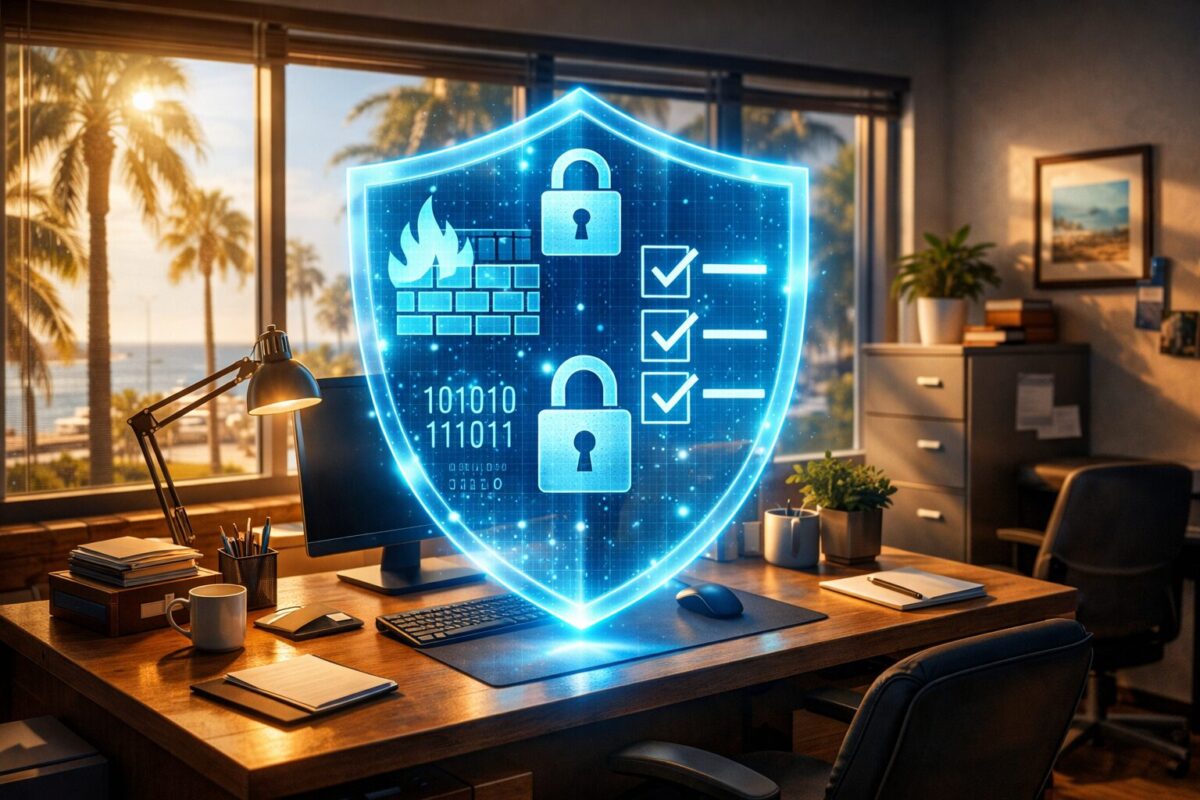 Cybersecurity shield with locks and checklist icons protecting a small business office desk in Fort Myers FL