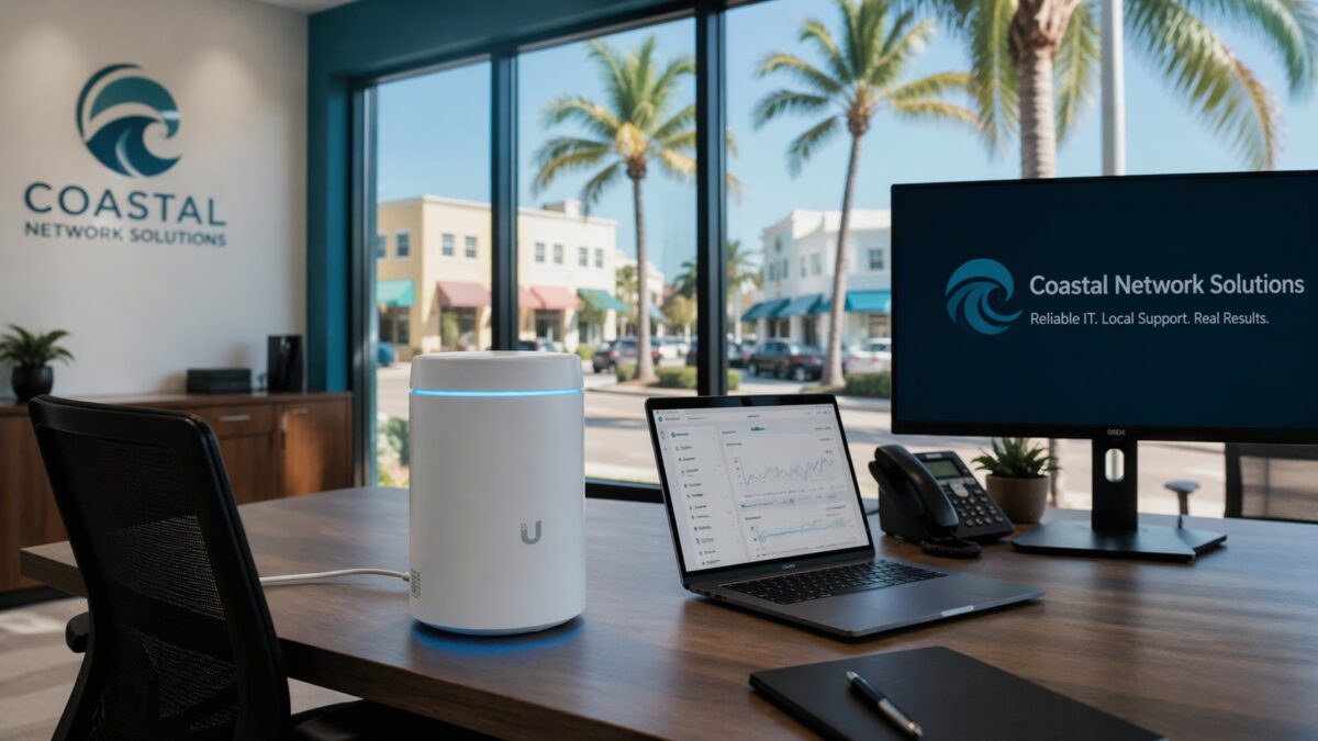 UniFi Dream Machine router setup in a modern Fort Myers Florida small business office with palm trees visible through windows