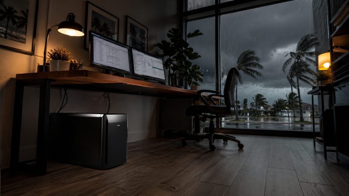 UPS battery backup unit under desk in Fort Myers Florida small business office during hurricane storm