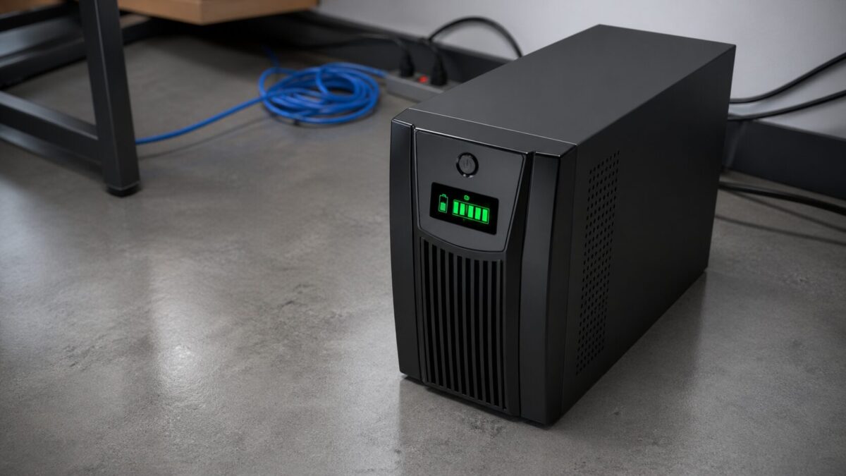 Black tower UPS battery backup with green LED battery level indicator on concrete office floor with blue ethernet cable, Fort Myers small business