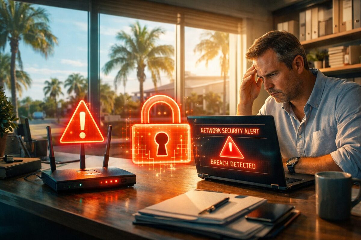 Business owner concerned about Wi-Fi security alert on laptop, Fort Myers FL office with palm trees visible