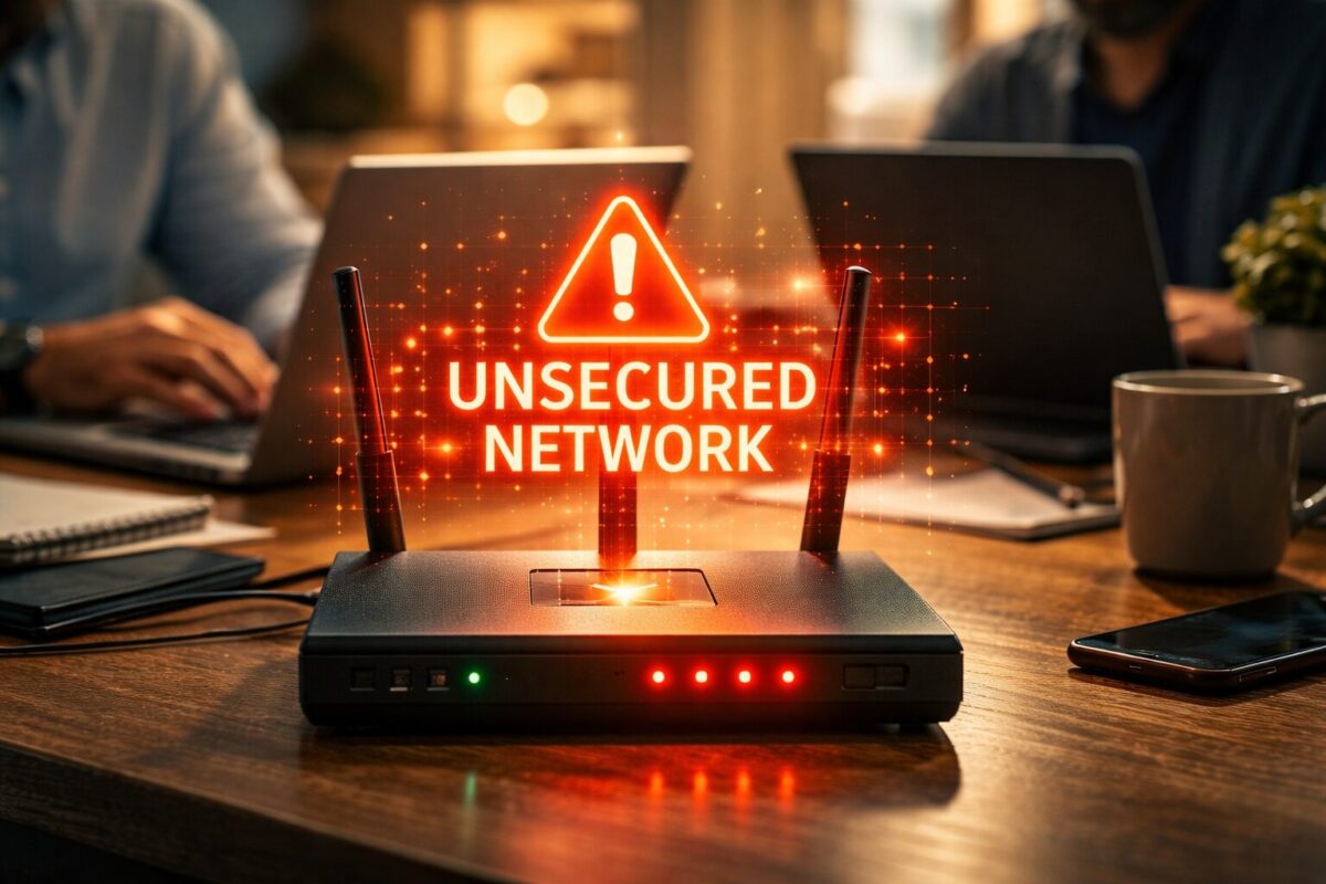 Wi-Fi router with glowing UNSECURED NETWORK warning, two laptops connected in background, Fort Myers FL business