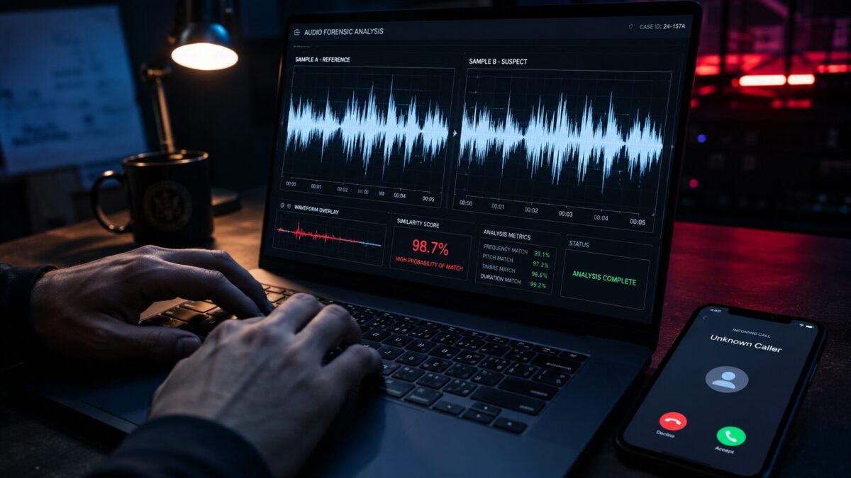 Voice waveform analysis comparing real and cloned AI voice patterns on laptop screen
