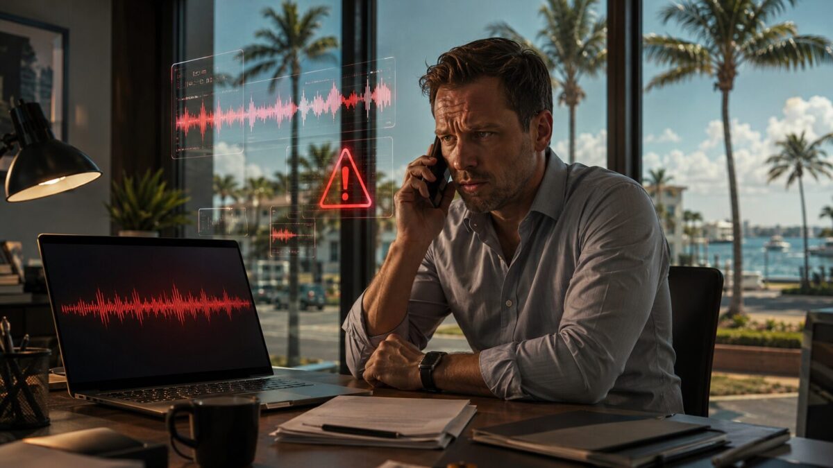 Business owner on phone receiving AI voice cloning scam call in Fort Myers FL office