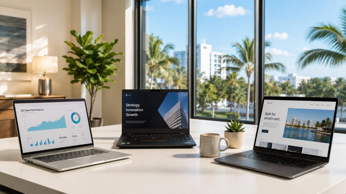 Three business laptops on a modern desk in a sunny Fort Myers Florida office