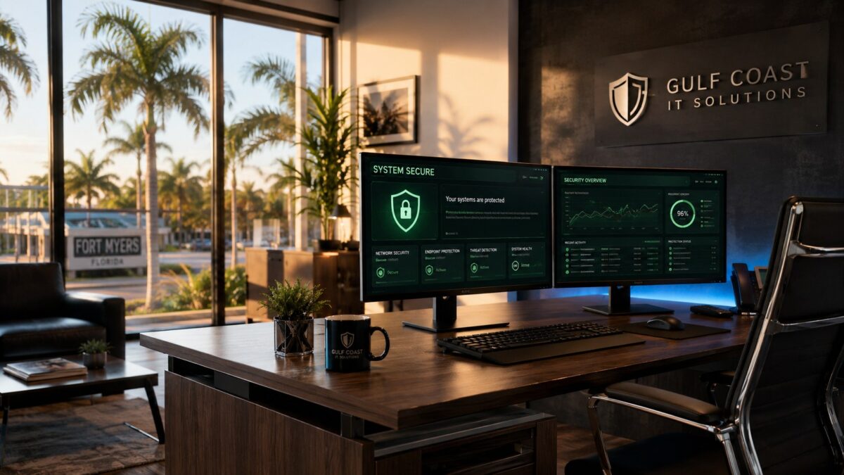 Modern Fort Myers small business office with cybersecurity dashboard showing endpoint protection shields on dual monitors