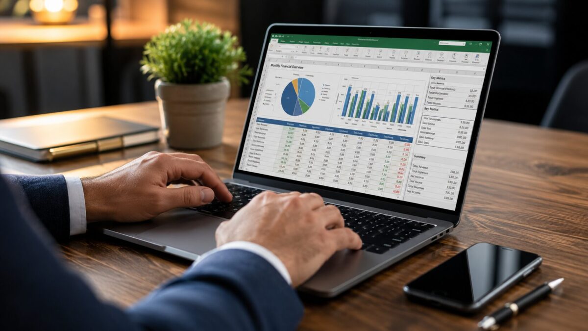Person typing on a business laptop keyboard with spreadsheet data on screen in an office