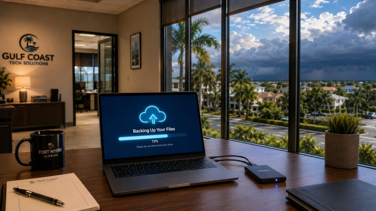 Fort Myers office laptop showing cloud backup progress with storm clouds in distance