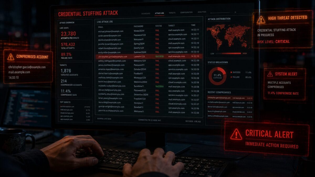 Credential stuffing attack dashboard with compromised email and password pairs in dark office