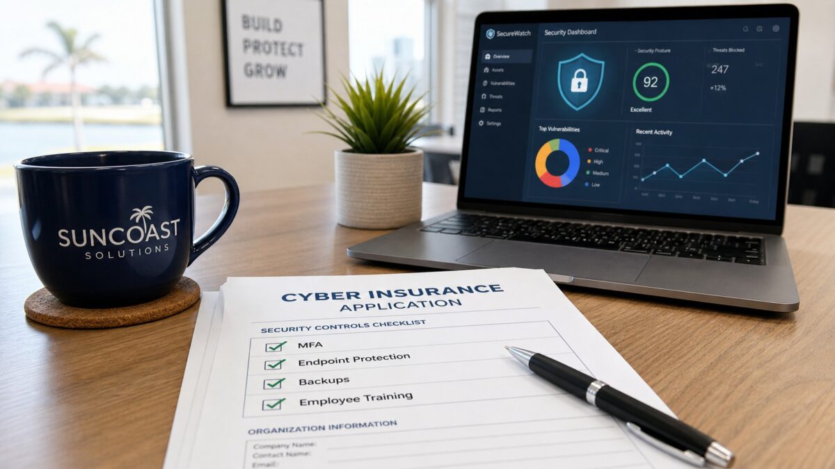 Cyber insurance application checklist with MFA, EDR, backups, and training requirements for cybersecurity Fort Myers small business