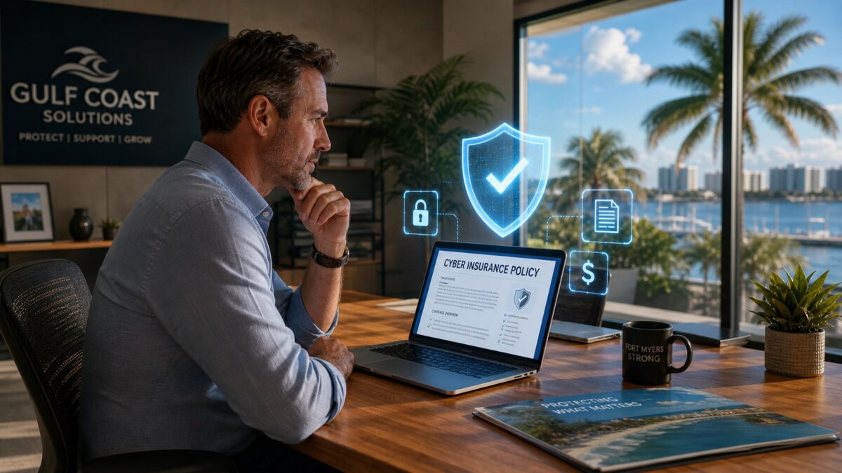 Fort Myers small business owner reviewing cyber insurance policy with shield icon, cybersecurity Fort Myers FL