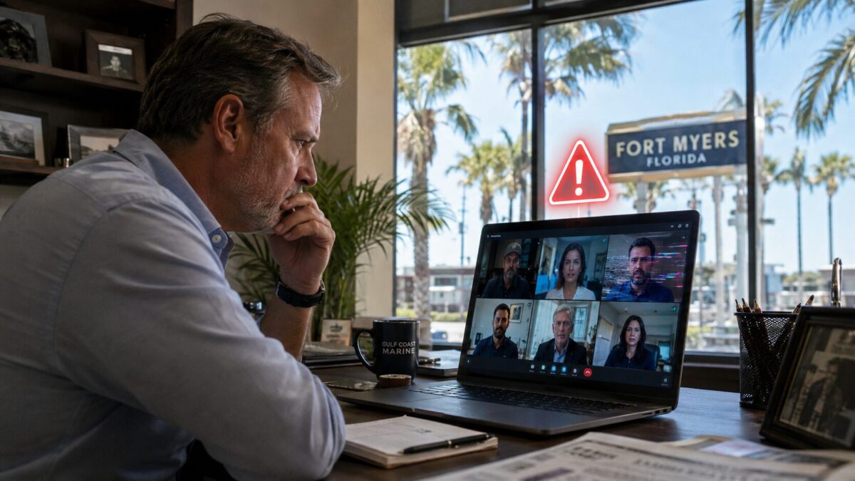Fort Myers business owner on a video call with a deepfake colleague warning sign cybersecurity