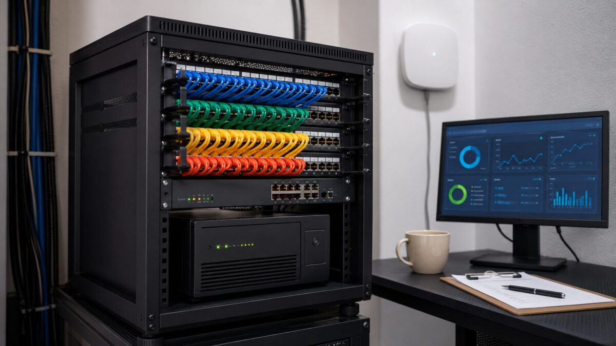 Clean, labeled small business network closet with a half-height server rack, patch panel and UPS in a Fort Myers office