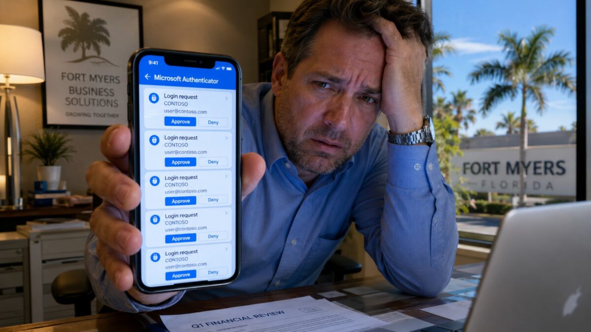Stressed Fort Myers business owner holding phone flooded with MFA push notification approval requests during an MFA bombing attack