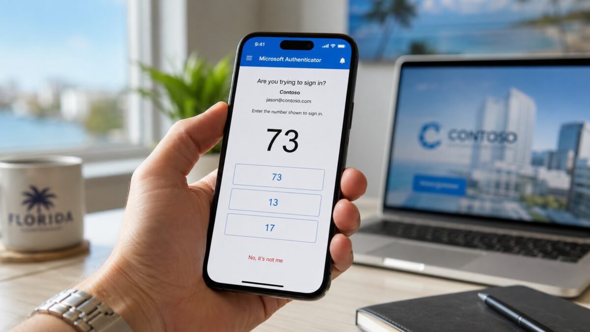 Microsoft Authenticator app showing number matching MFA challenge for Fort Myers business login