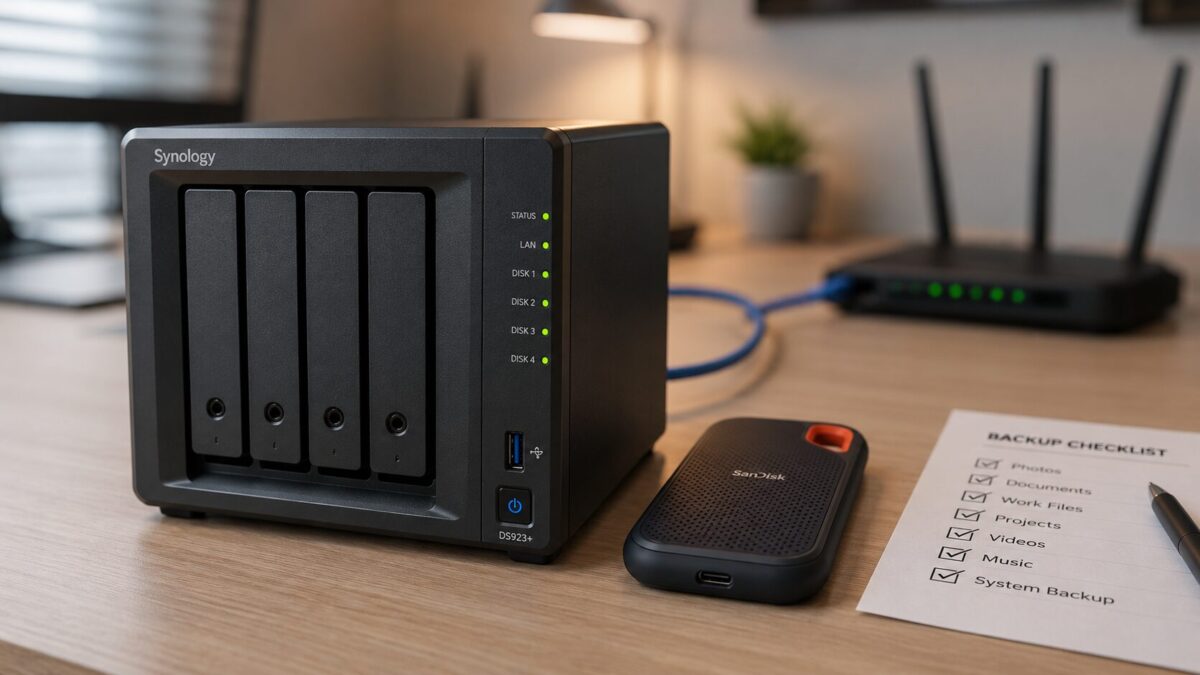 NAS storage device and portable SSD on office desk for business data backup
