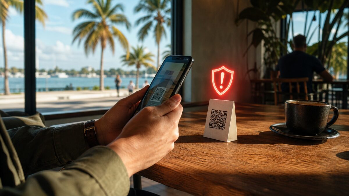 Customer scanning a QR code at a Fort Myers cafe with a red phishing warning shield, showing quishing risk