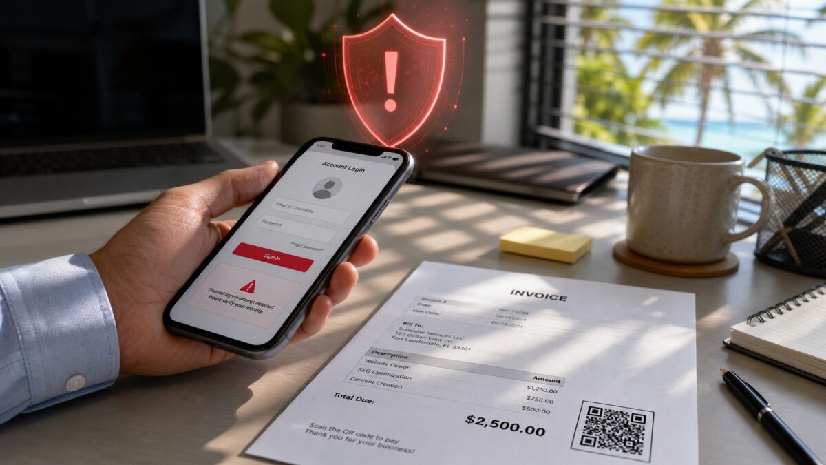 Smartphone scanning a fake invoice QR code in a Fort Myers Florida office, showing a phishing login page