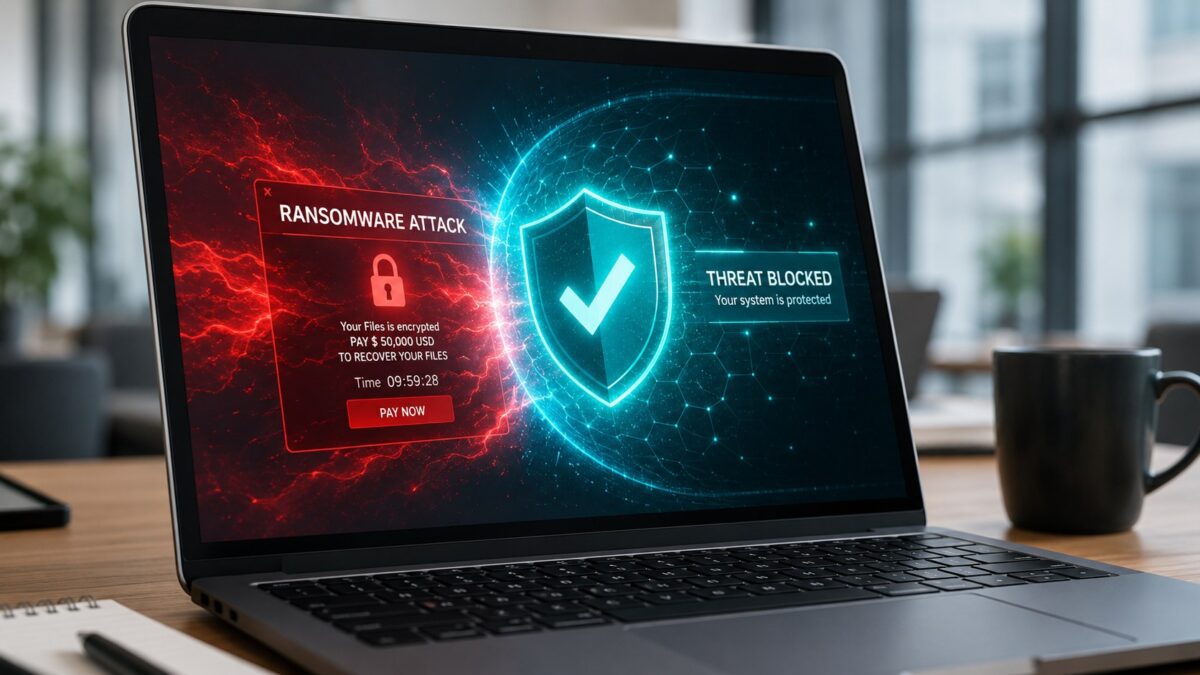 Laptop screen showing a ransomware warning blocked by an endpoint protection shield in a Fort Myers small business