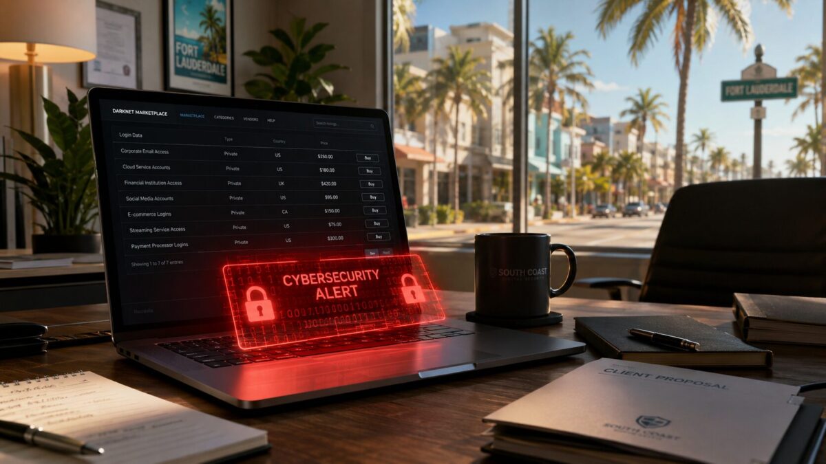Laptop showing dark web credential theft warning in a Fort Myers FL small business office