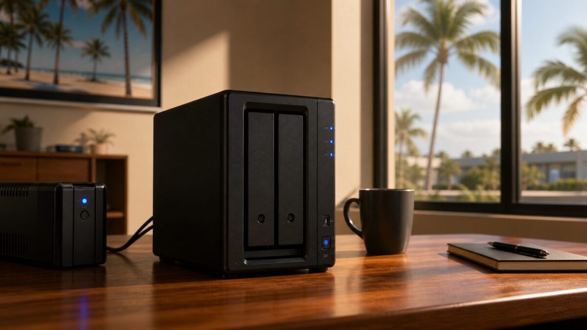 Synology DS224 plus 2-bay NAS on a Fort Myers small business office desk with UPS battery backup, Florida palm trees through the window