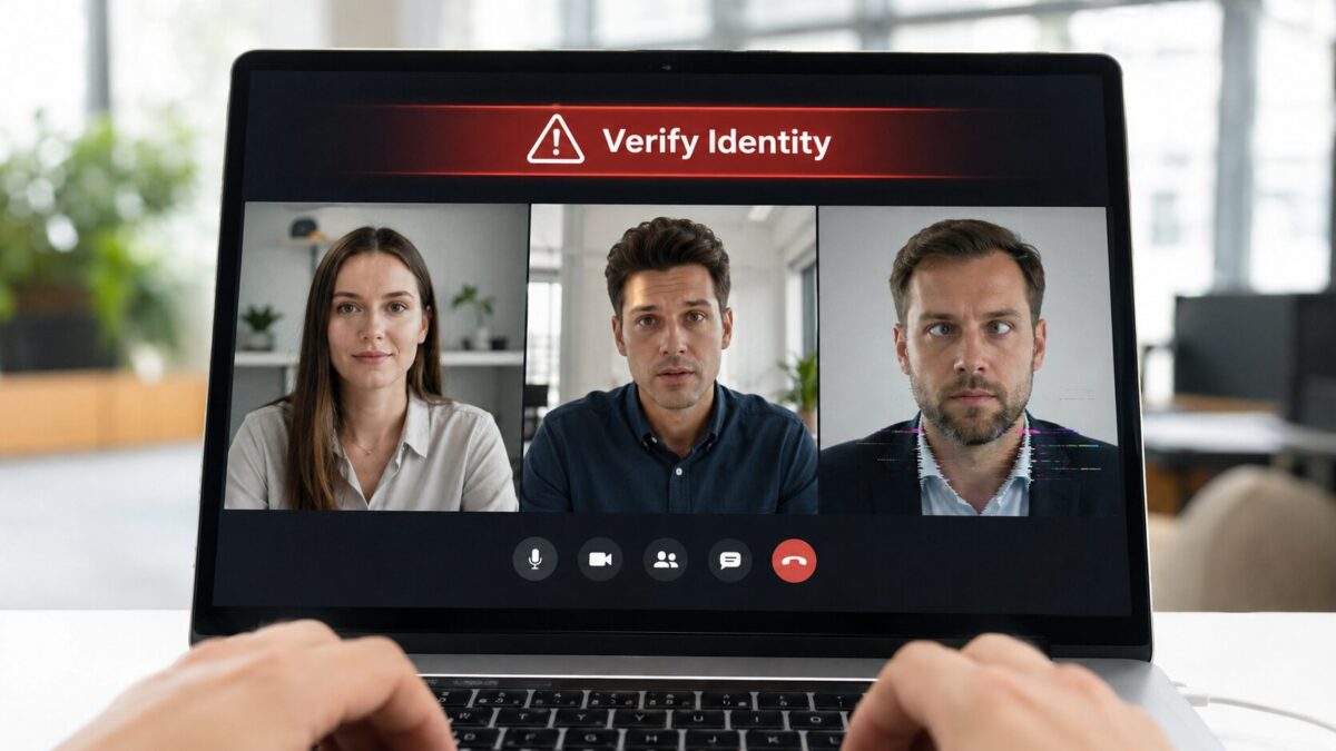 Laptop screen showing a deepfake video meeting with Verify Identity warning Fort Myers cybersecurity