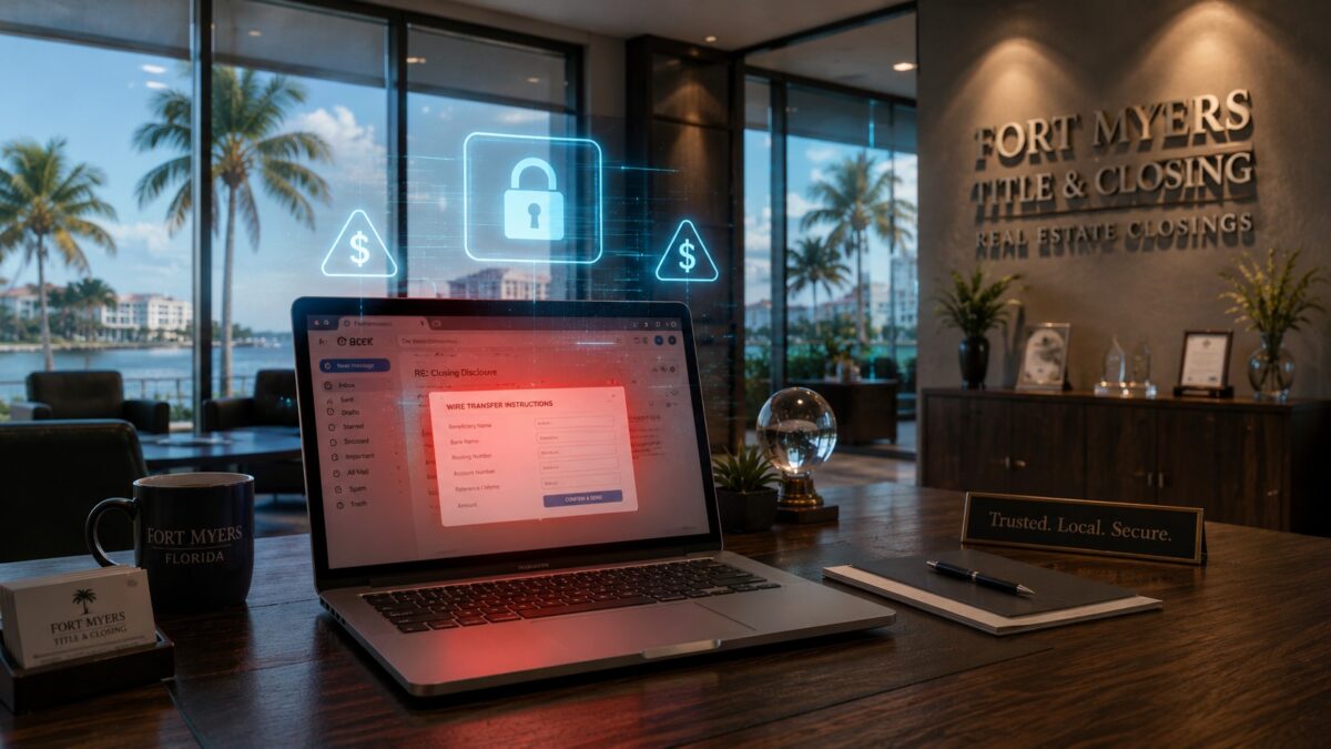 Fort Myers title office laptop showing a suspicious wire transfer email, business email compromise warning