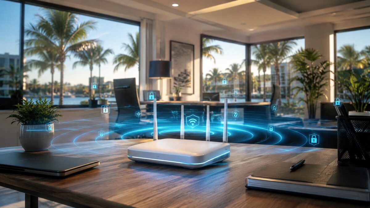Wireless router with glowing Wi-Fi signal and security icons in a Fort Myers business office