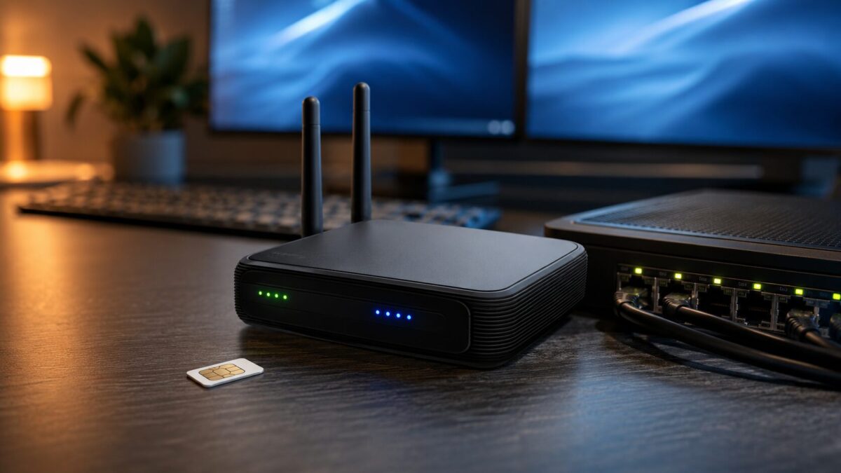 Cellular backup internet router and modem with status lights on a Fort Myers office desk