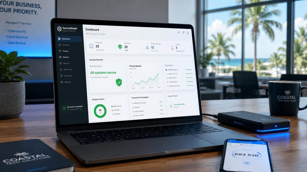 Laptop showing all systems secure dashboard with backup drive and authenticator app, cyber insurance Fort Myers controls