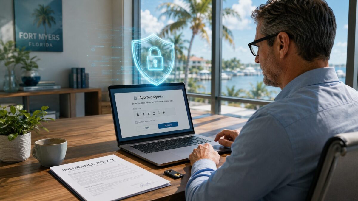 Fort Myers business owner at desk with laptop showing MFA prompt and security key, cyber insurance document on desk